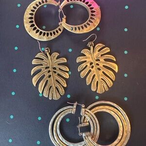 Silver/Goldtone Leaf and Hoop Earrings Set of 3